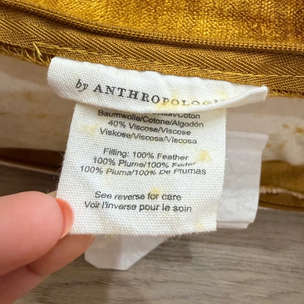 Anthropologie Adelina Velvet Pillow Mustard Yellow Feather‎ Insert 20x20 Boho